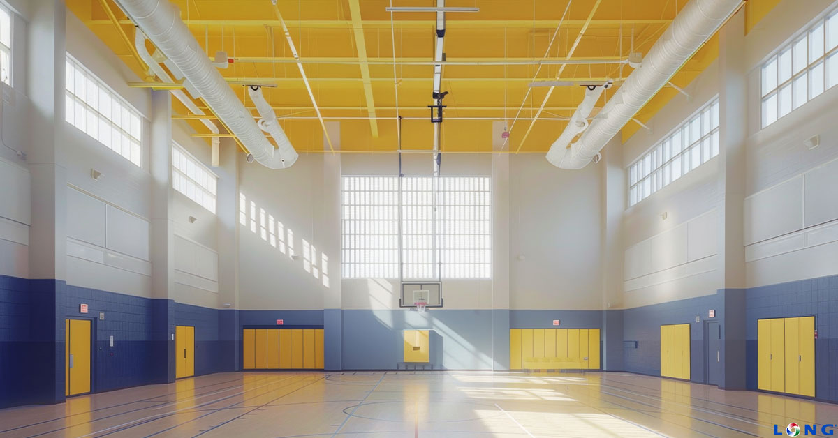 Open school gym with HVAC vents on vaulted ceiling