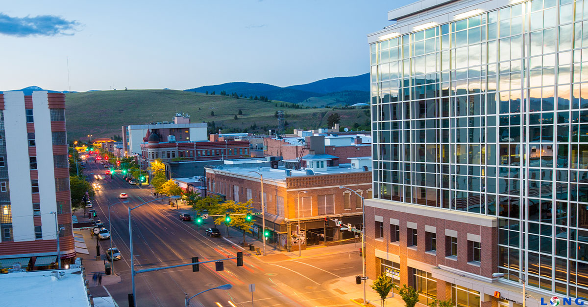 Commercial building in Montana with mountains behind